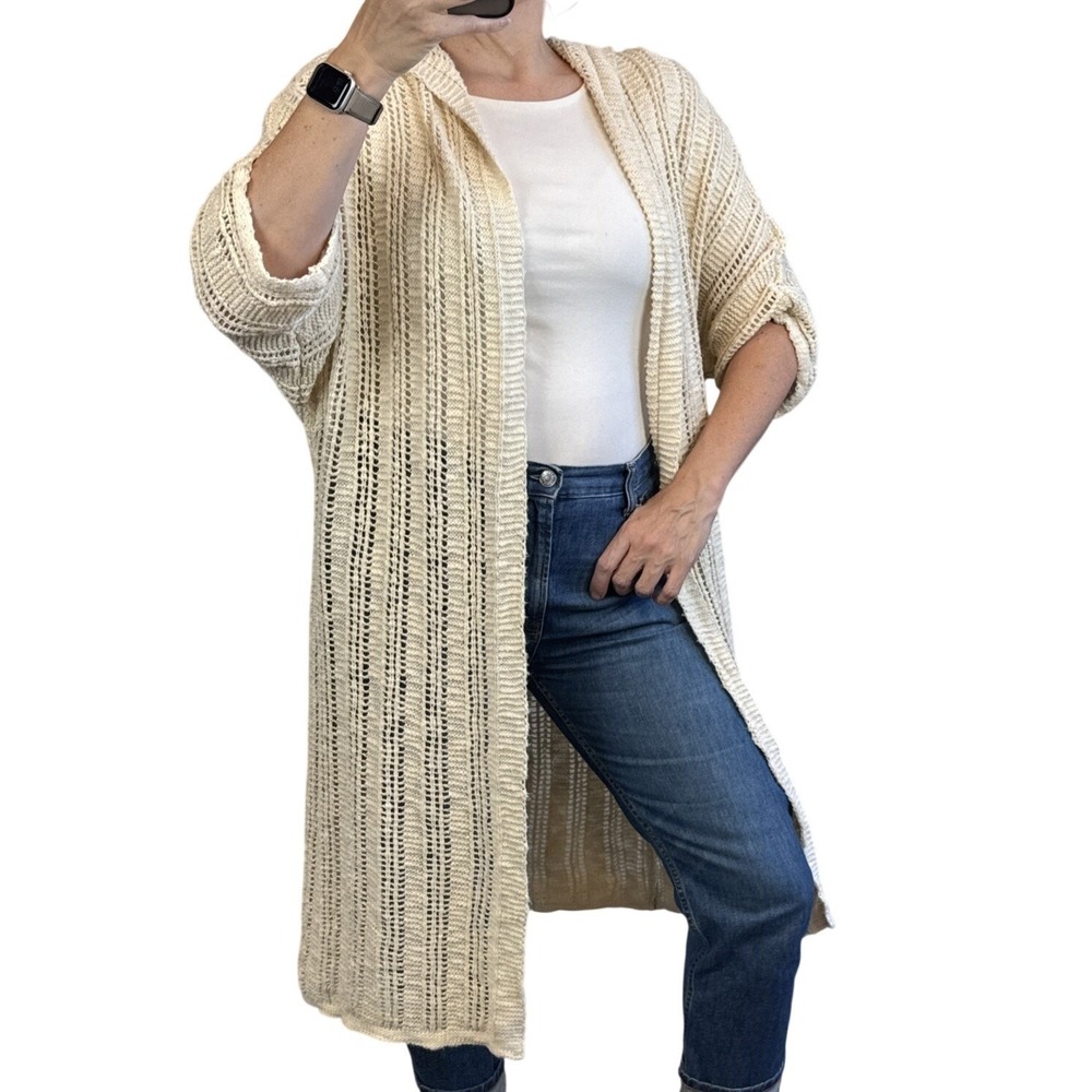 American Eagle Crochet Duster Hooded Cardigan Sweater Jacket Size M Ivory Cotton